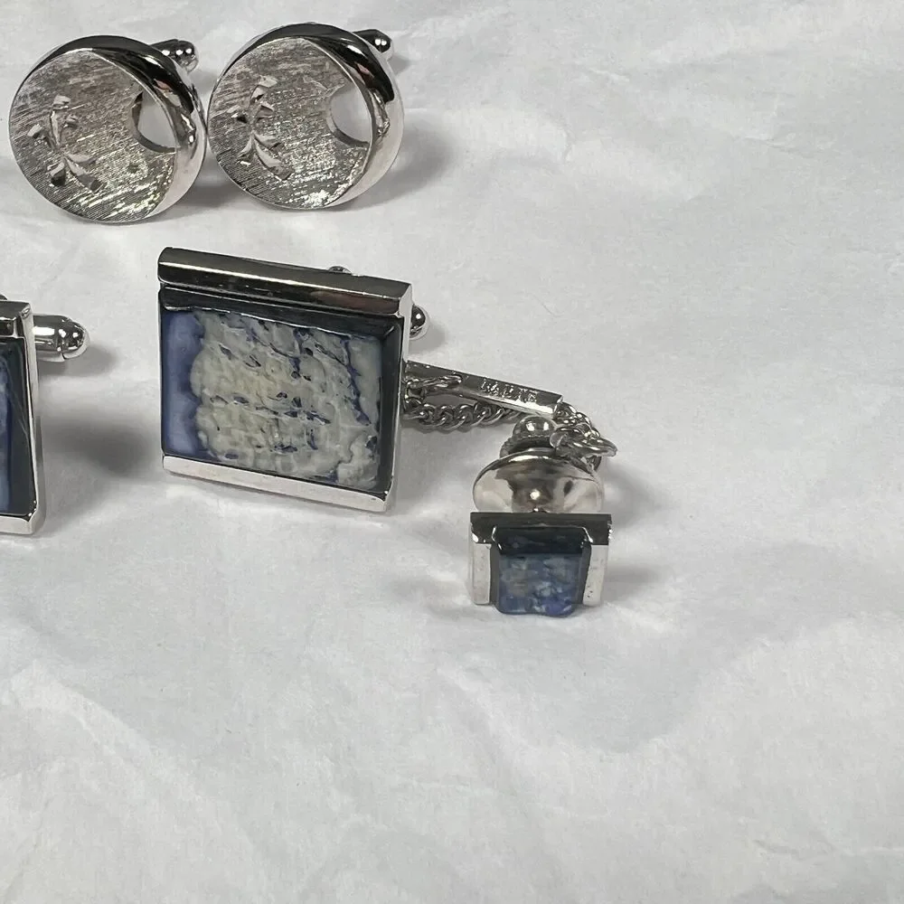 Vtg 70s Retro Silver Tone cufflinks and shirt studs prom gender neutral